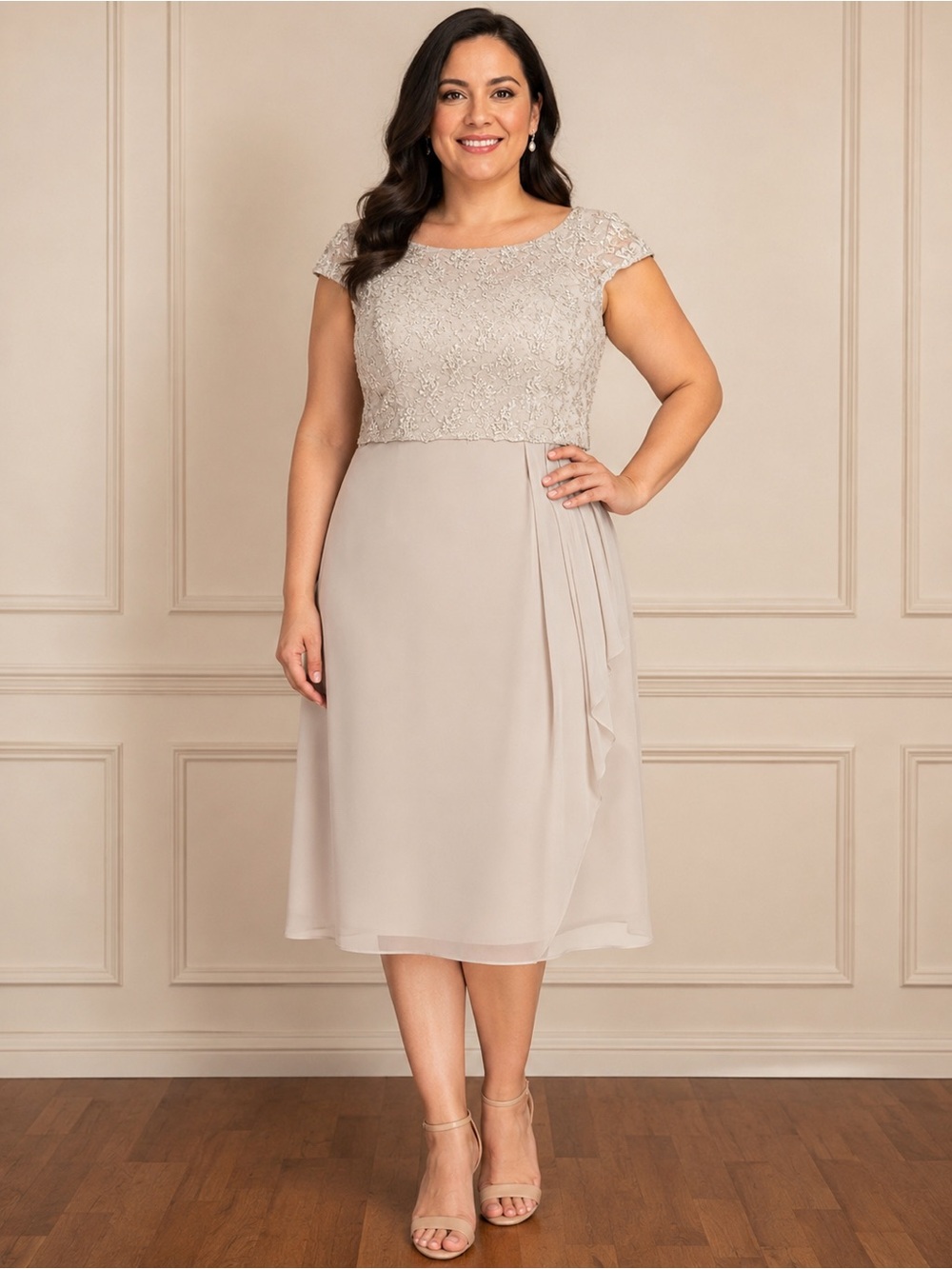 Cachet Lace Bodice Midi Dress in Light Taupe